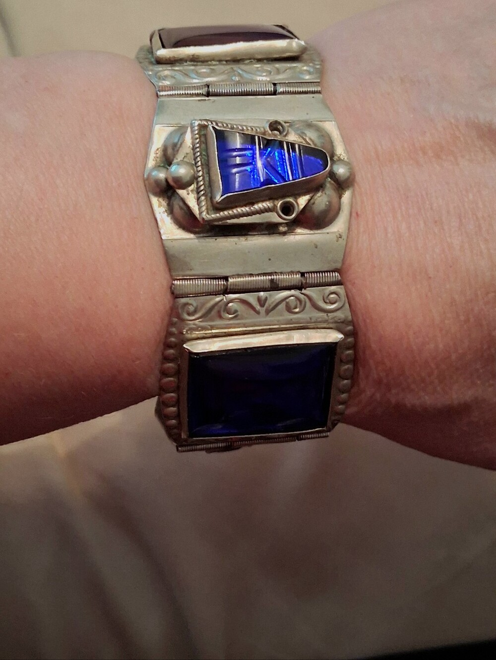 Cobalt Blue And Silver Taxco Aztec Warrior Panel Bracelet "Hecho En Mexico"